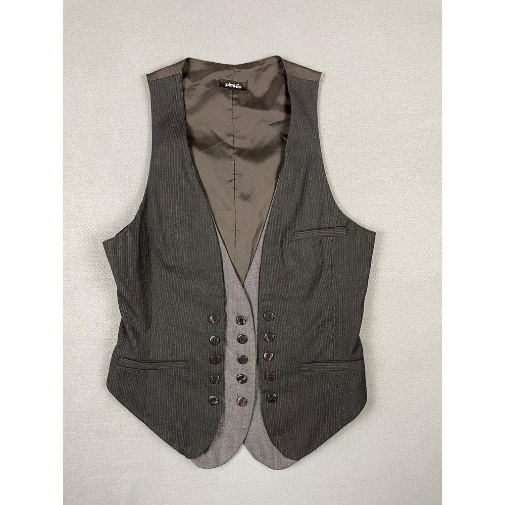 Pimkie Pinstripe Military Vest Victorian Steampunk Dark Academia Charcoal Gray 8